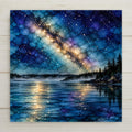 Alcohol ink style ceramic art tile of the Milky Way over open water in the Boundary Waters, a band of stars in gold and violet reflected down a still lake, mist on the far shore and a granite point with pines on the right