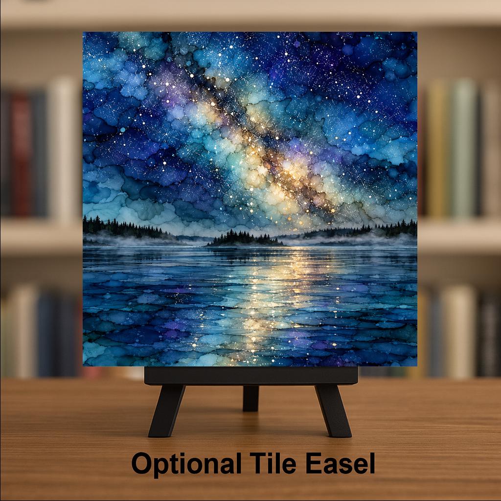 Boundary Waters Ceramic Tile Wall Art Alcohol Ink Style Starry Night Milky Way Over Pine Island Misty Lake Lake House Decor