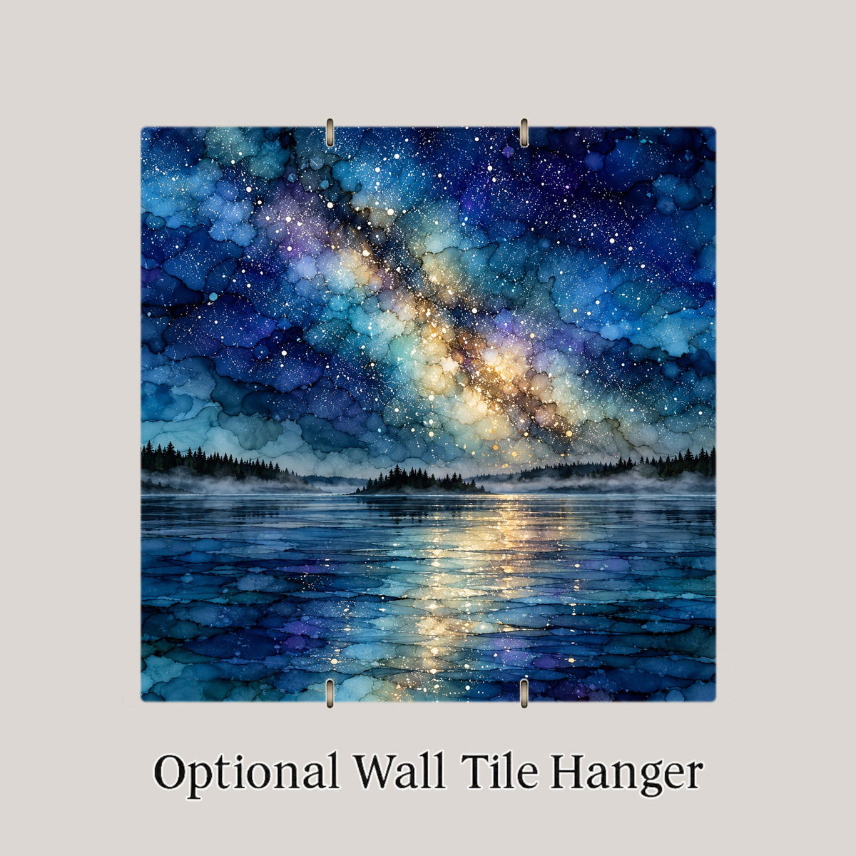 Boundary Waters Ceramic Tile Wall Art Alcohol Ink Style Starry Night Milky Way Over Pine Island Misty Lake Lake House Decor