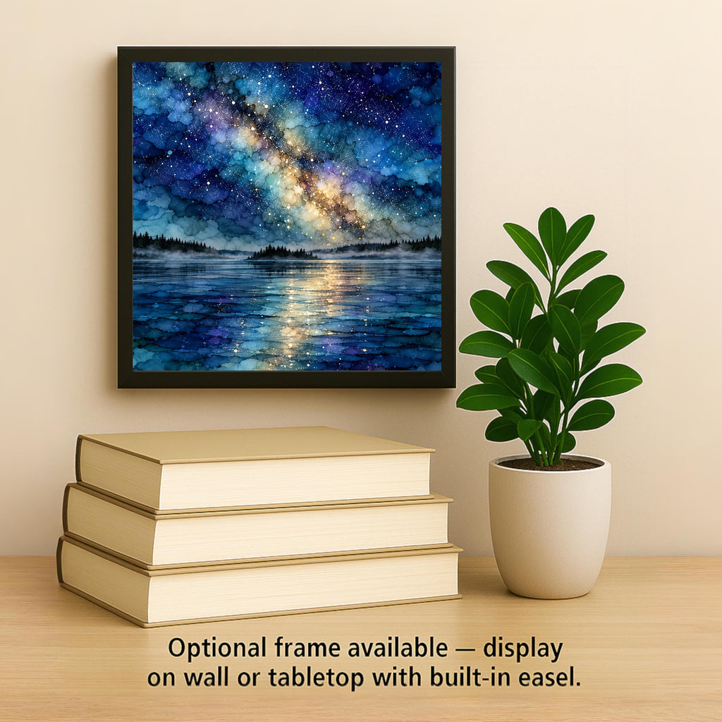 Boundary Waters Ceramic Tile Wall Art Alcohol Ink Style Starry Night Milky Way Over Pine Island Misty Lake Lake House Decor
