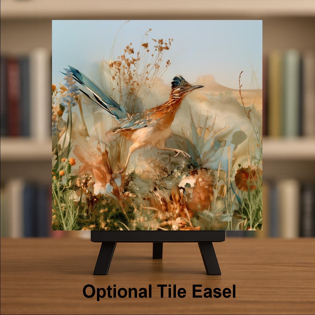 Roadrunner Art Ceramic Tile Wall Art Alcohol Ink Style Greater Roadrunner in Desert Grass Marigold Lupine Southwest Wall Art