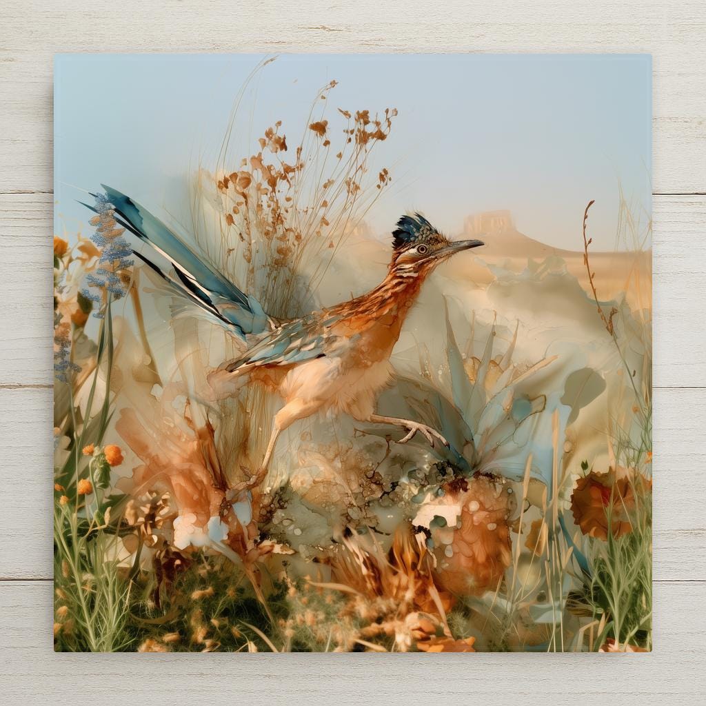 Alcohol ink style ceramic art tile of a greater roadrunner striding through dry desert grass, blue tail raised, with orange marigolds, blue lupine and agave in the foreground and a distant mesa under a pale sky
