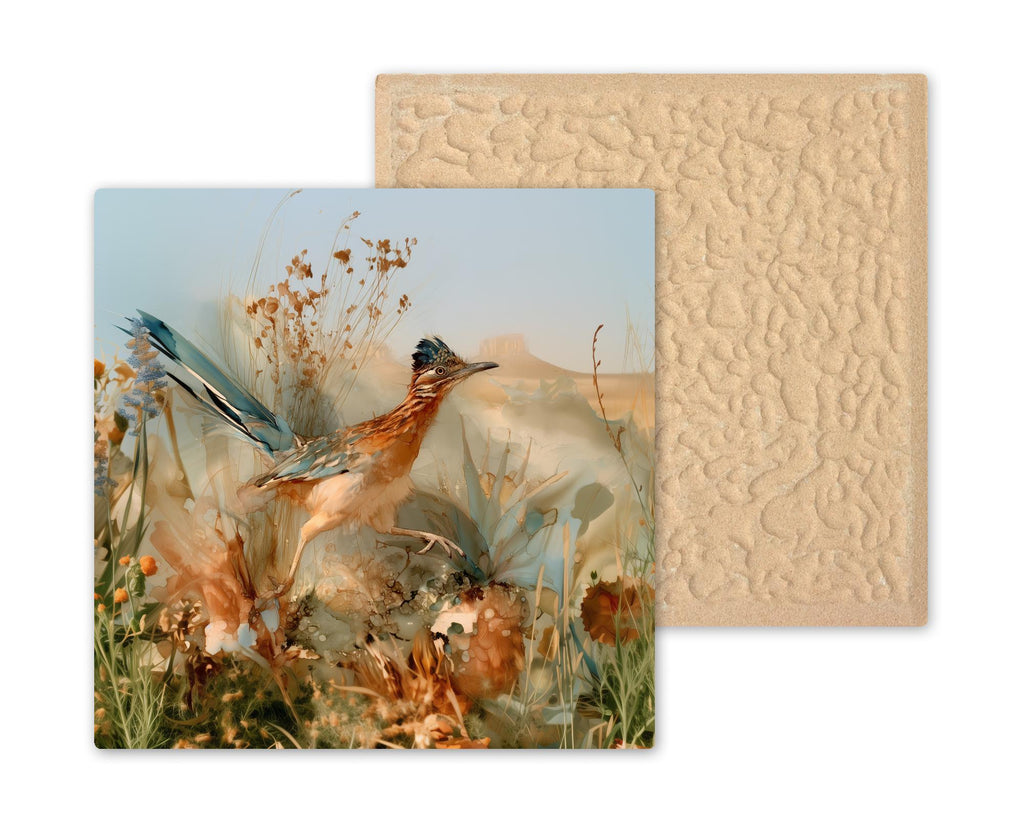 Roadrunner Art Ceramic Tile Wall Art Alcohol Ink Style Greater Roadrunner in Desert Grass Marigold Lupine Southwest Wall Art