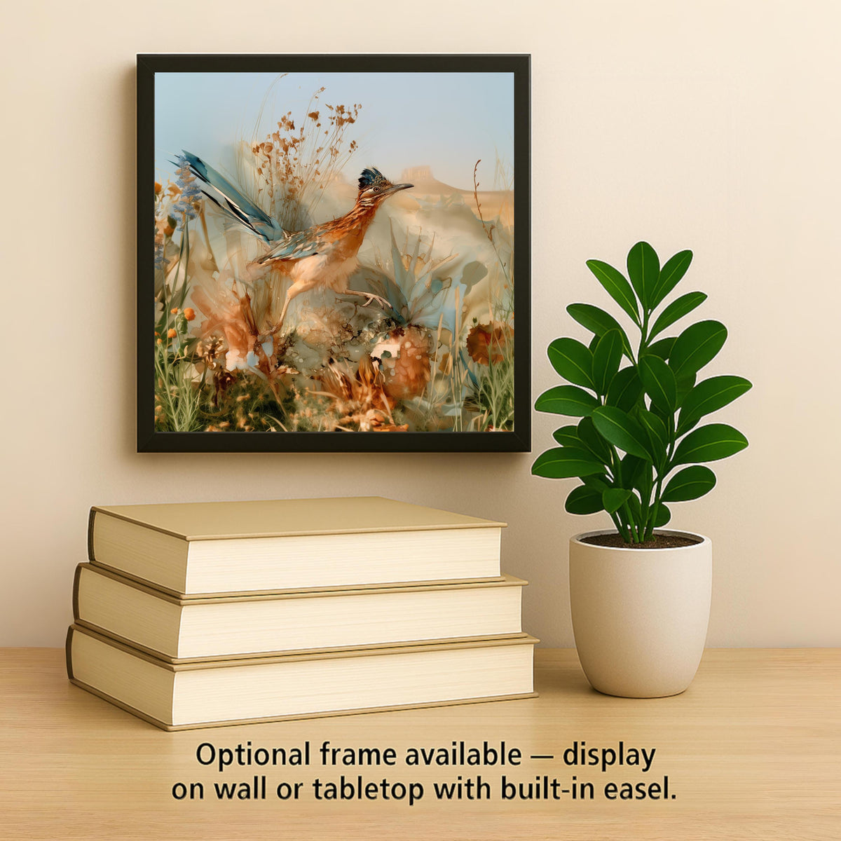 Roadrunner Art Ceramic Tile Wall Art Alcohol Ink Style Greater Roadrunner in Desert Grass Marigold Lupine Southwest Wall Art