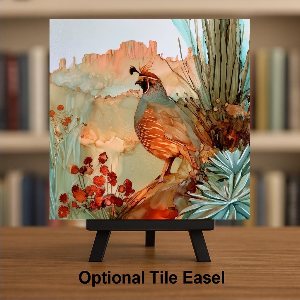 Quail Ceramic Tile Wall Art Alcohol Ink Style Gambels Quail on Red Rock with Agave Cactus and Desert Blooms Southwest Wall Art