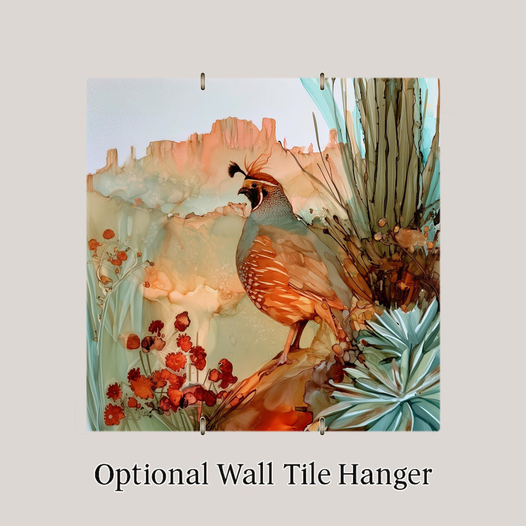 Quail Ceramic Tile Wall Art Alcohol Ink Style Gambels Quail on Red Rock with Agave Cactus and Desert Blooms Southwest Wall Art