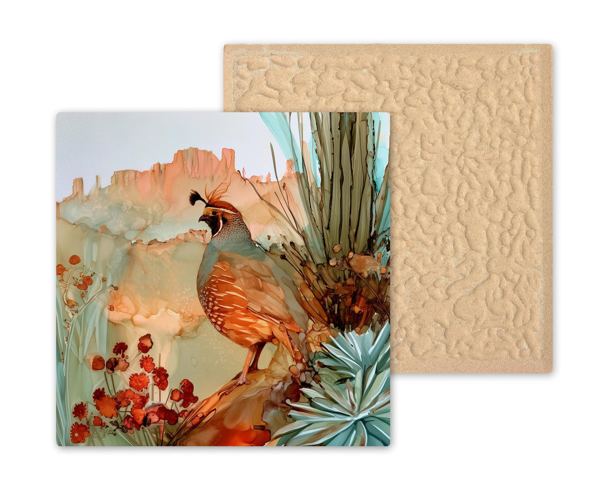 Quail Ceramic Tile Wall Art Alcohol Ink Style Gambels Quail on Red Rock with Agave Cactus and Desert Blooms Southwest Wall Art