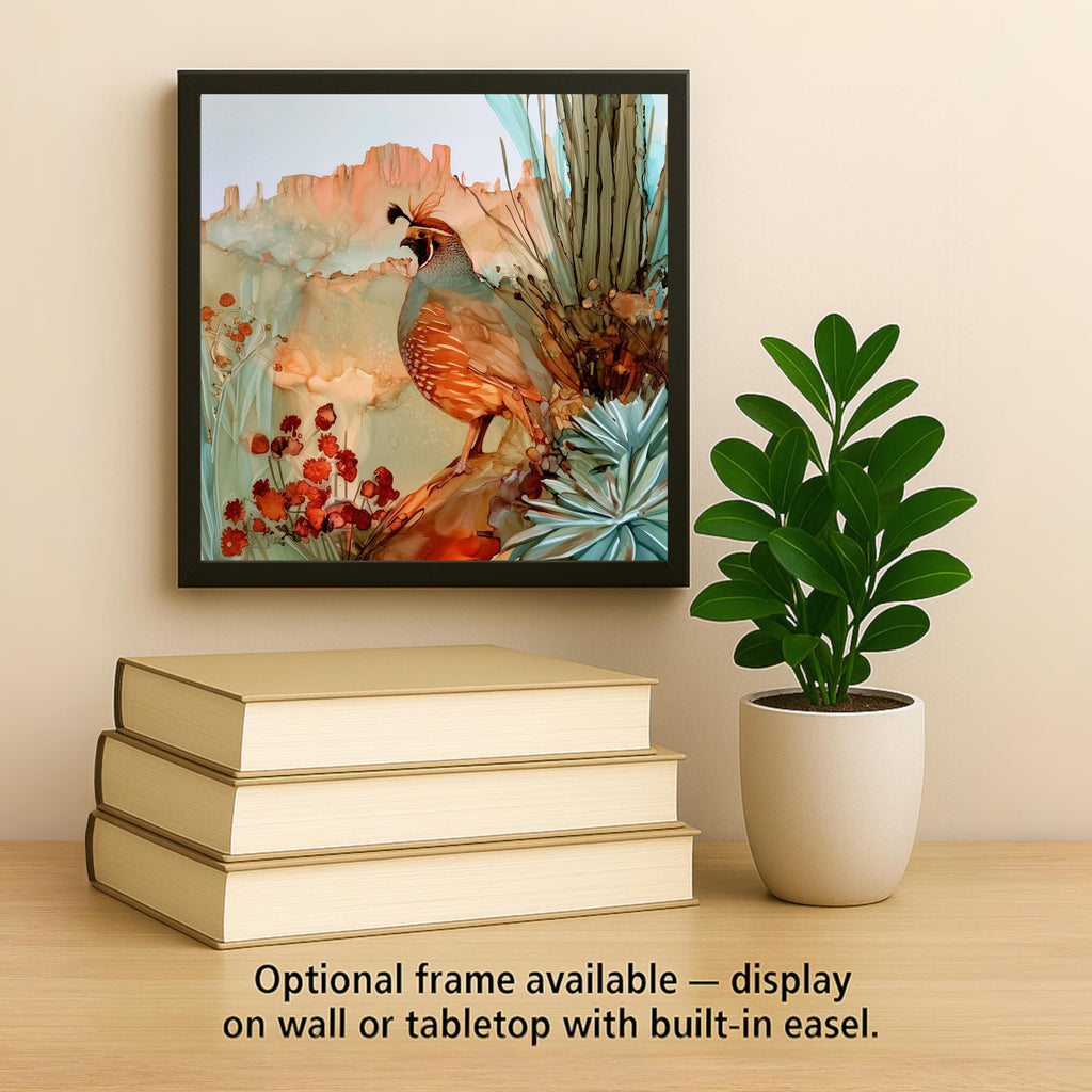 Quail Ceramic Tile Wall Art Alcohol Ink Style Gambels Quail on Red Rock with Agave Cactus and Desert Blooms Southwest Wall Art