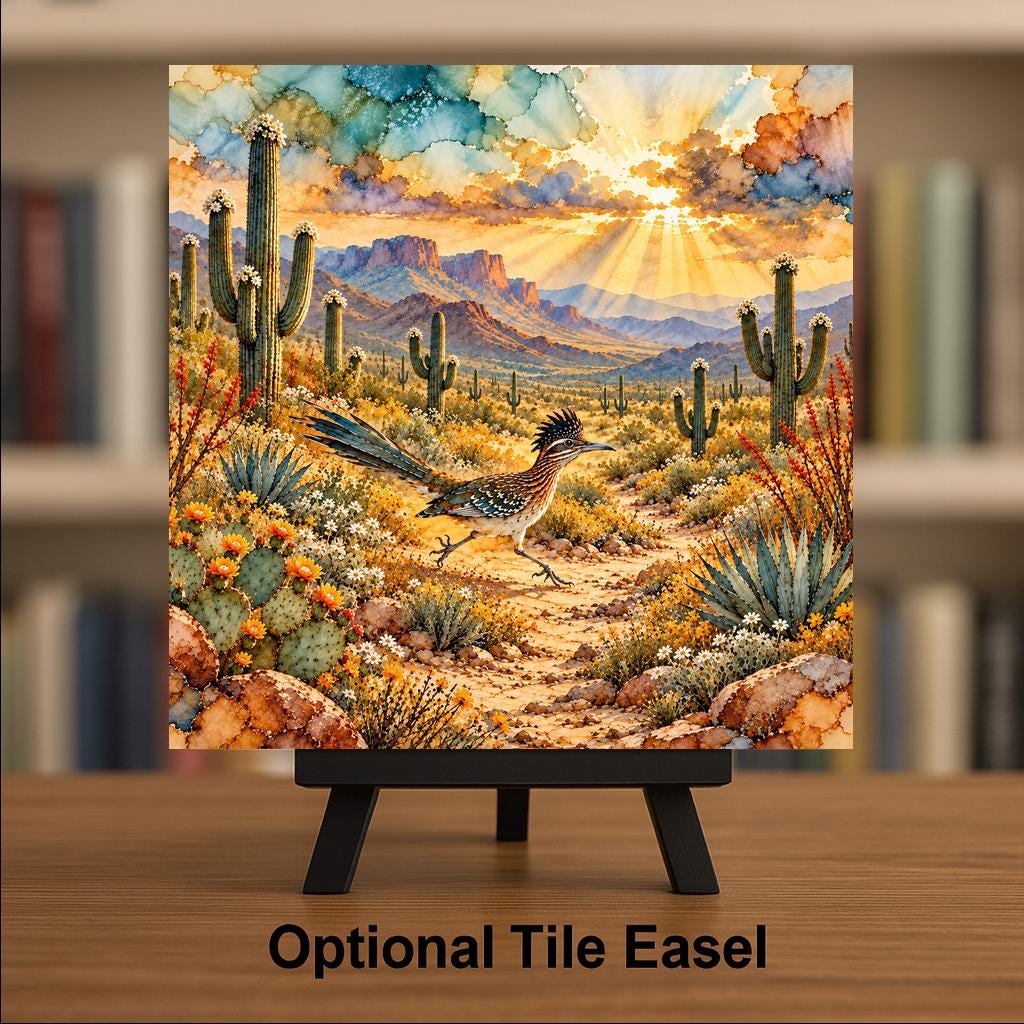 Roadrunner Art Ceramic Tile Wall Art Alcohol Ink Style Roadrunner on Desert Trail Blooming Saguaro Sunrise Southwest Wall Art