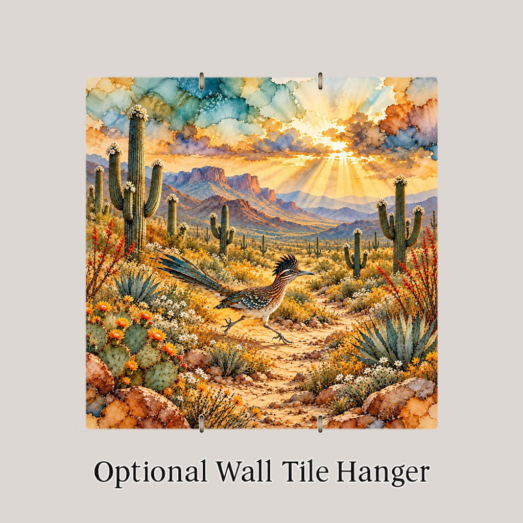 Roadrunner Art Ceramic Tile Wall Art Alcohol Ink Style Roadrunner on Desert Trail Blooming Saguaro Sunrise Southwest Wall Art