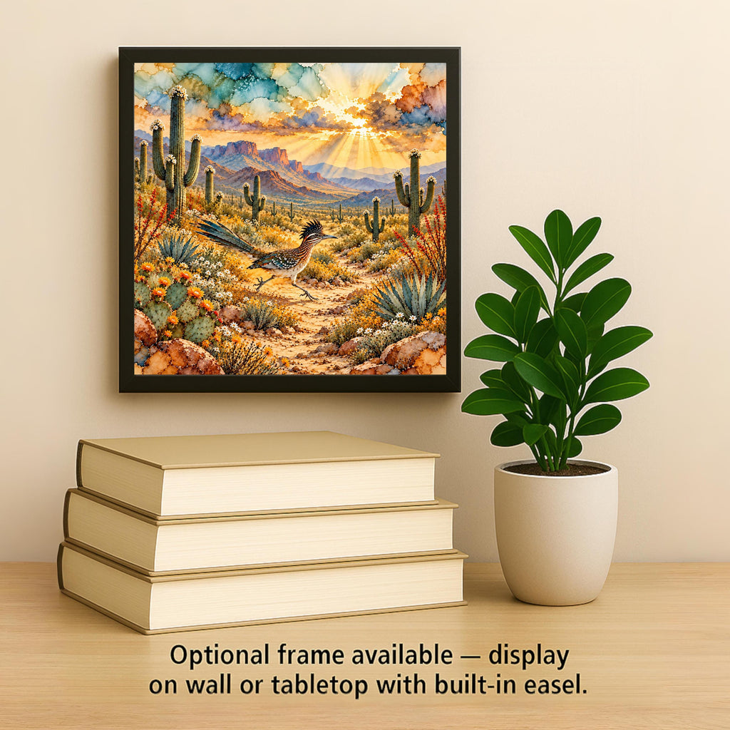 Roadrunner Art Ceramic Tile Wall Art Alcohol Ink Style Roadrunner on Desert Trail Blooming Saguaro Sunrise Southwest Wall Art