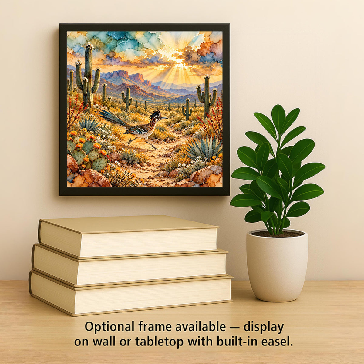 Roadrunner Art Ceramic Tile Wall Art Alcohol Ink Style Roadrunner on Desert Trail Blooming Saguaro Sunrise Southwest Wall Art