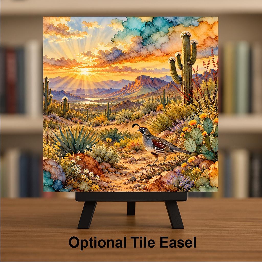Quail Ceramic Tile Wall Art Alcohol Ink Style Gambels Quail Blooming Saguaro Cactus Ocotillo Desert Sunset Southwest Wall Art