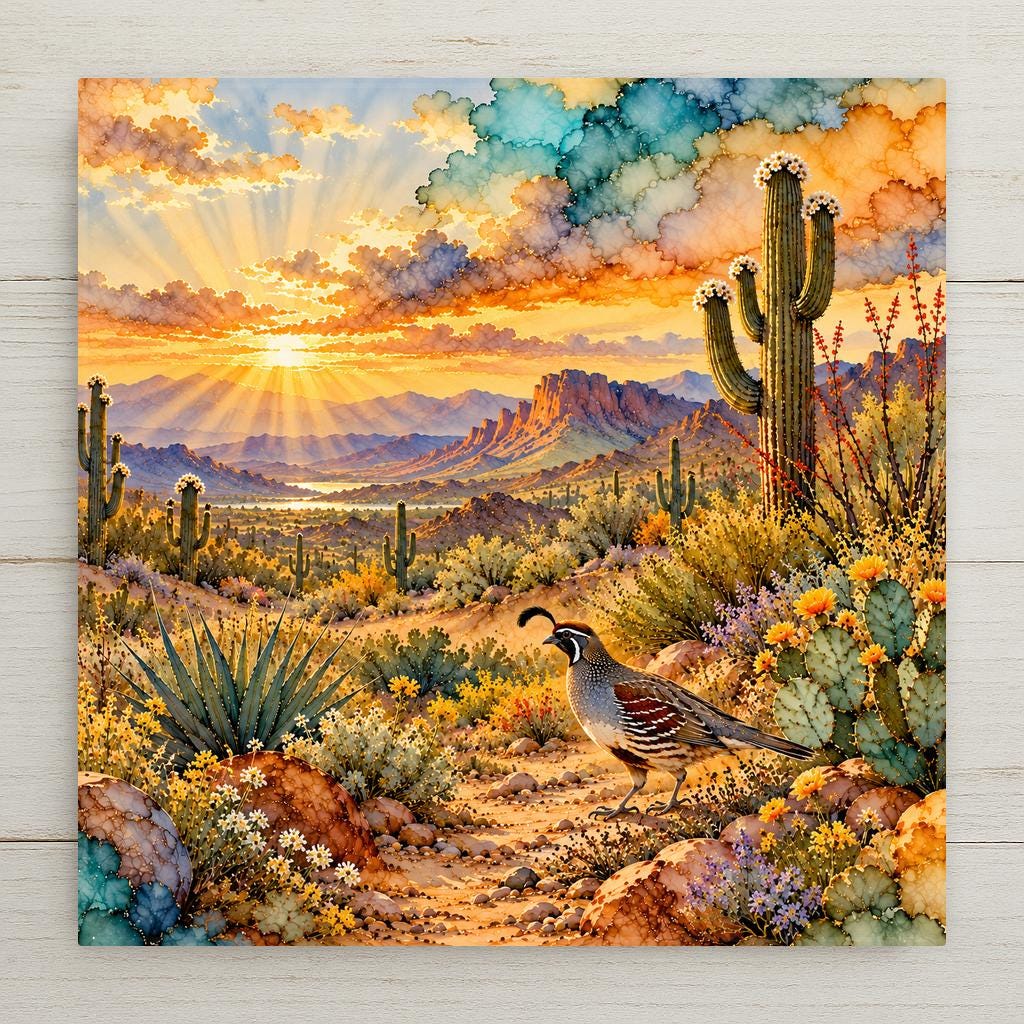 Alcohol ink style ceramic art tile of a Gambel's quail with a black teardrop plume walking a desert path at sunset, a blooming saguaro cactus and red-tipped ocotillo beside it, prickly pear and agave in bloom, a lake and red rock ridges in the valley below