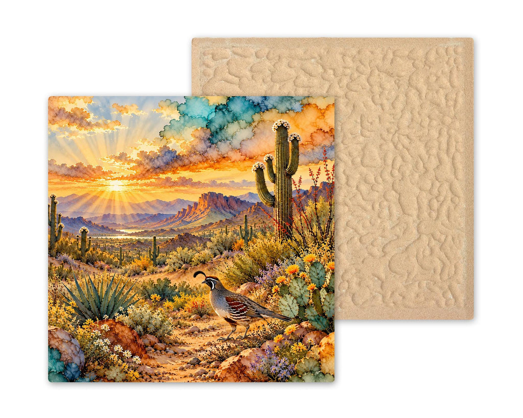 Quail Ceramic Tile Wall Art Alcohol Ink Style Gambels Quail Blooming Saguaro Cactus Ocotillo Desert Sunset Southwest Wall Art