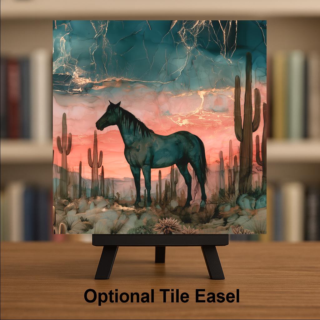 Mustang Ceramic Tile Wall Art Alcohol Ink Style Western Decor Wild Horse in Saguaro Desert Dusk Horse Painting Southwest Art