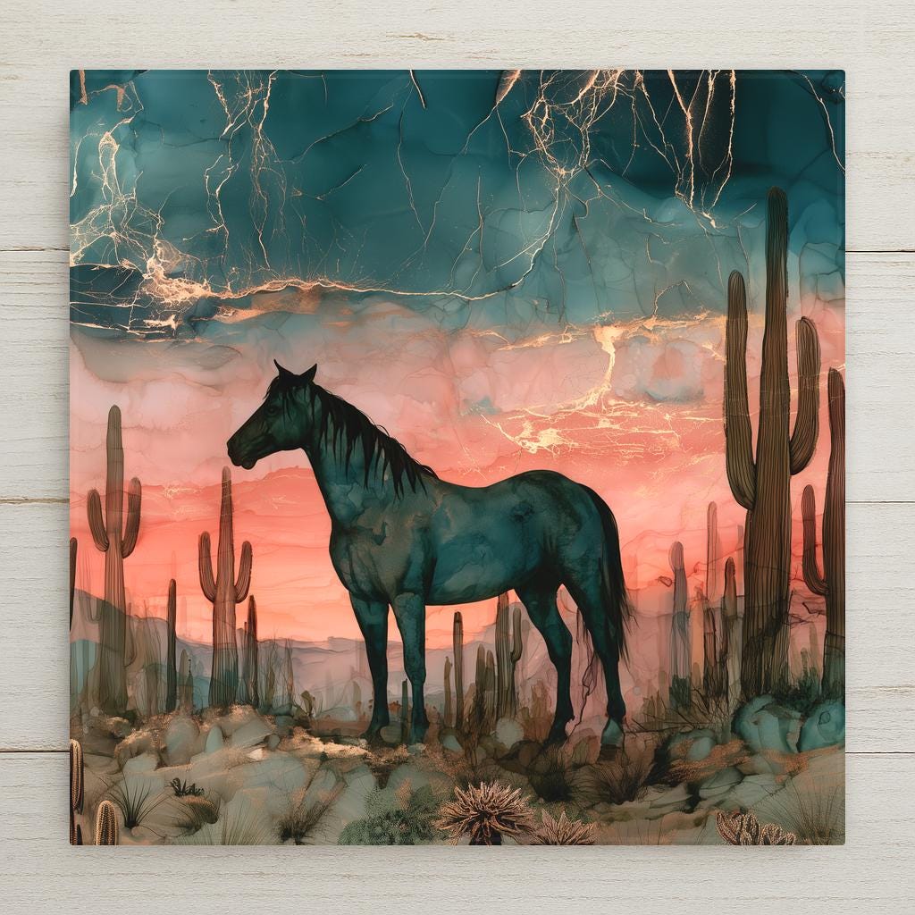 Alcohol ink style ceramic tile of a dark wild mustang standing among saguaro cactus at dusk, teal sky with gold veining over a coral sunset.