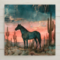 Alcohol ink style ceramic tile of a dark wild mustang standing among saguaro cactus at dusk, teal sky with gold veining over a coral sunset.