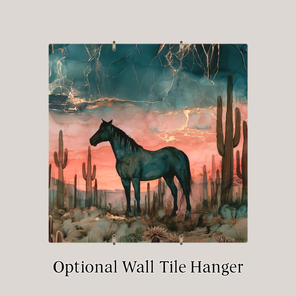 Mustang Ceramic Tile Wall Art Alcohol Ink Style Western Decor Wild Horse in Saguaro Desert Dusk Horse Painting Southwest Art