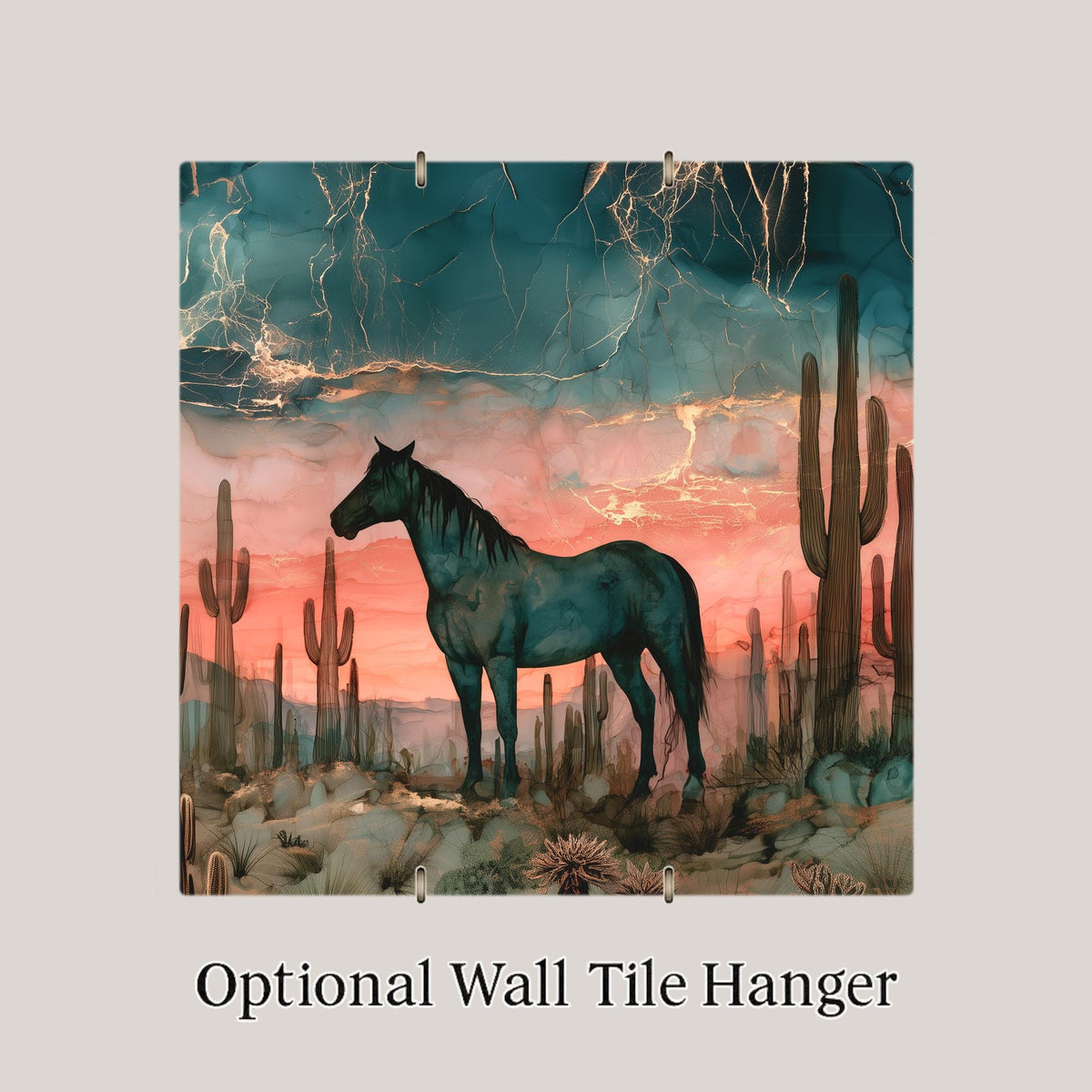 Mustang Ceramic Tile Wall Art Alcohol Ink Style Western Decor Wild Horse in Saguaro Desert Dusk Horse Painting Southwest Art