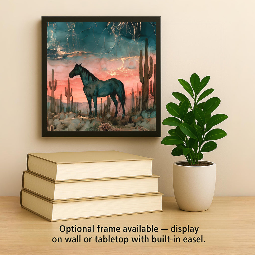 Mustang Ceramic Tile Wall Art Alcohol Ink Style Western Decor Wild Horse in Saguaro Desert Dusk Horse Painting Southwest Art