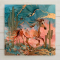 Alcohol ink style ceramic tile of a galloping paint horse crossing the open desert at sunset, in flowing teal, coral, and metallic gold.