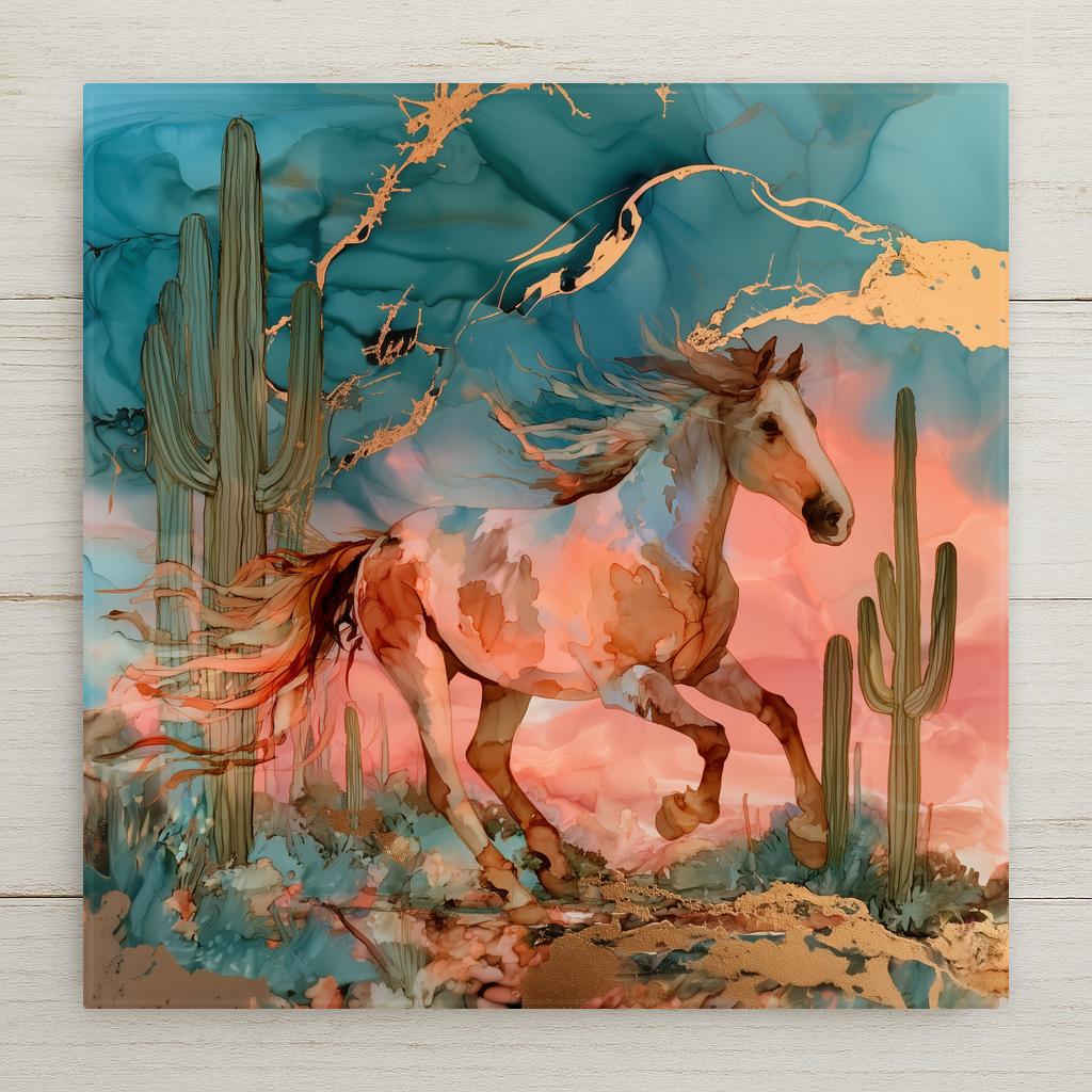 Alcohol ink style ceramic tile of a galloping paint horse crossing the open desert at sunset, in flowing teal, coral, and metallic gold.