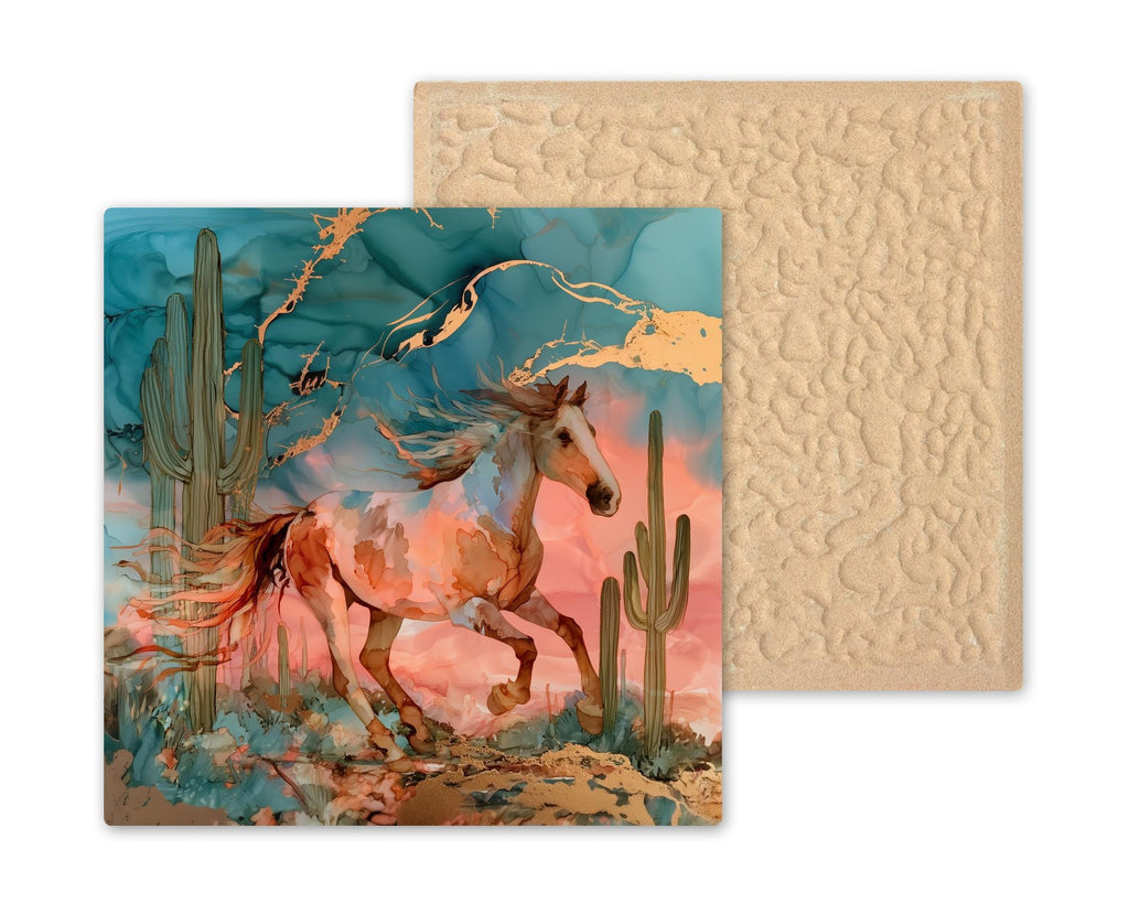 Mustang Ceramic Tile Wall Art Alcohol Ink Style Galloping Paint Horse Desert Sunset Western Decor Southwest Horse Painting