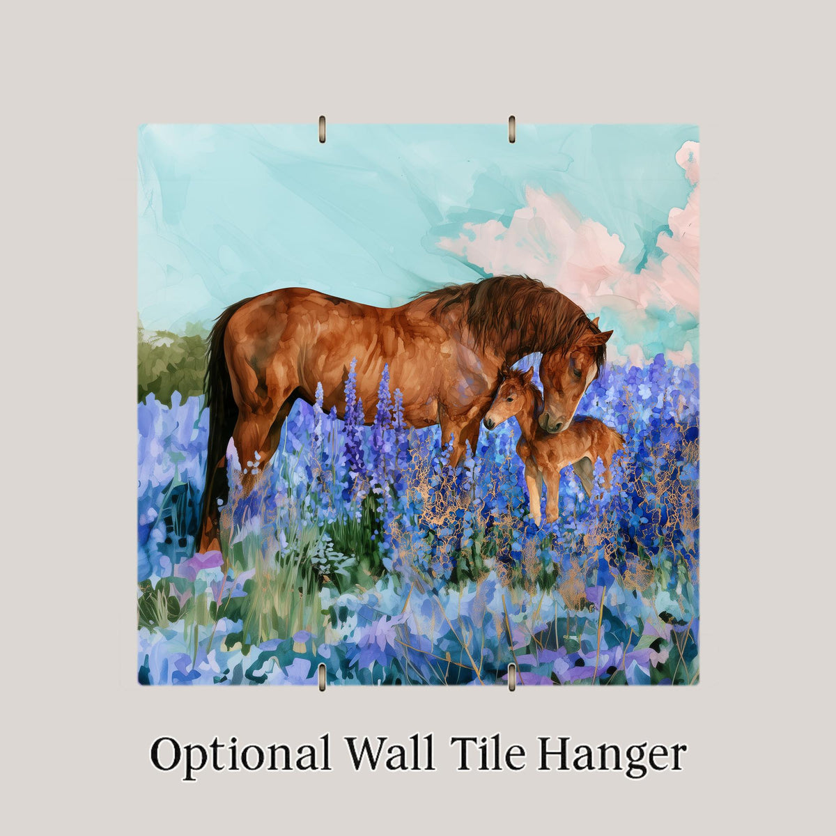 Horse Painting Ceramic Tile Wall Art Alcohol Ink Style Mare and Foal in Lupine Meadow Misty Mountain Wildflower Horse Decor
