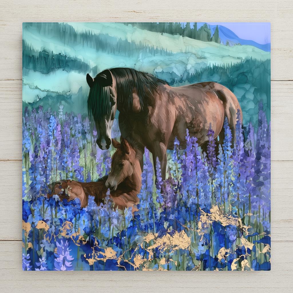 Alcohol ink style ceramic tile of a mare bending to nuzzle her foal in a blue lupine wildflower field under a bright aqua sky, with gold veining.