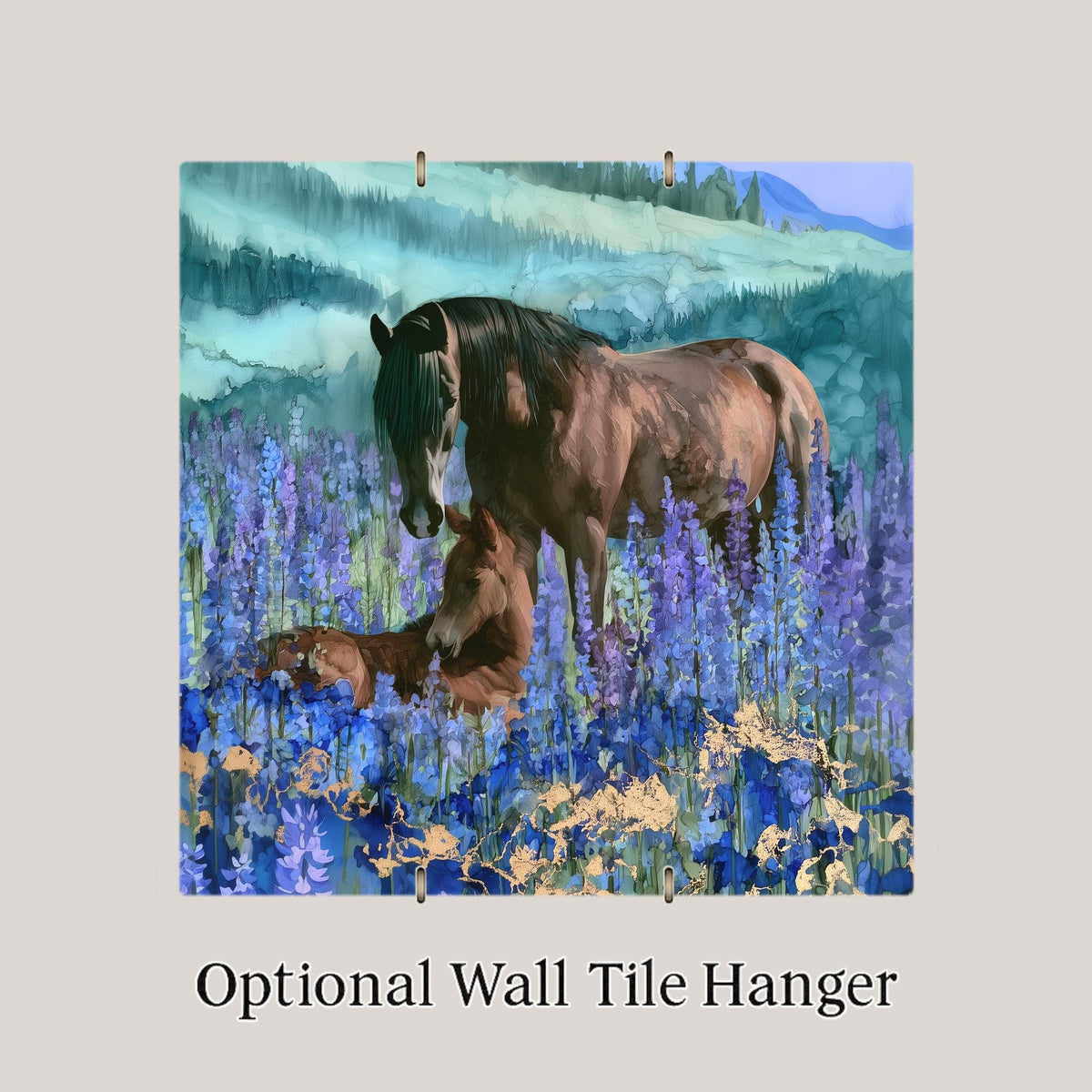 Horse Painting Ceramic Tile Wall Art Alcohol Ink Style Mare and Foal Nuzzling in Blue Lupine Wildflowers Horse Wall Decor