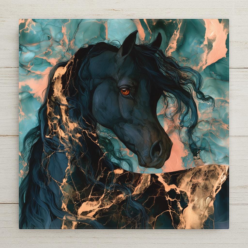 Alcohol ink style ceramic tile portrait of a black Arabian horse with a lit amber eye, its mane dissolving into black and gold marbling against pools of teal.