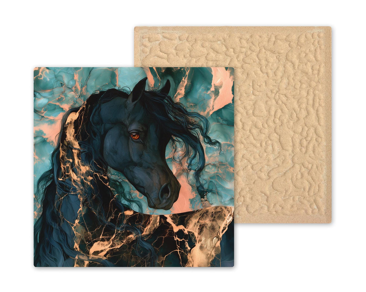 Arabian Horse Ceramic Tile Wall Art Alcohol Ink Style Black Arabian Portrait Gold Mane Teal Decor Elegant Horse Painting