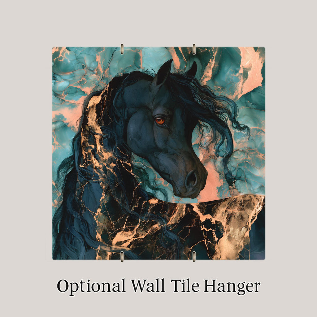 Arabian Horse Ceramic Tile Wall Art Alcohol Ink Style Black Arabian Portrait Gold Mane Teal Decor Elegant Horse Painting