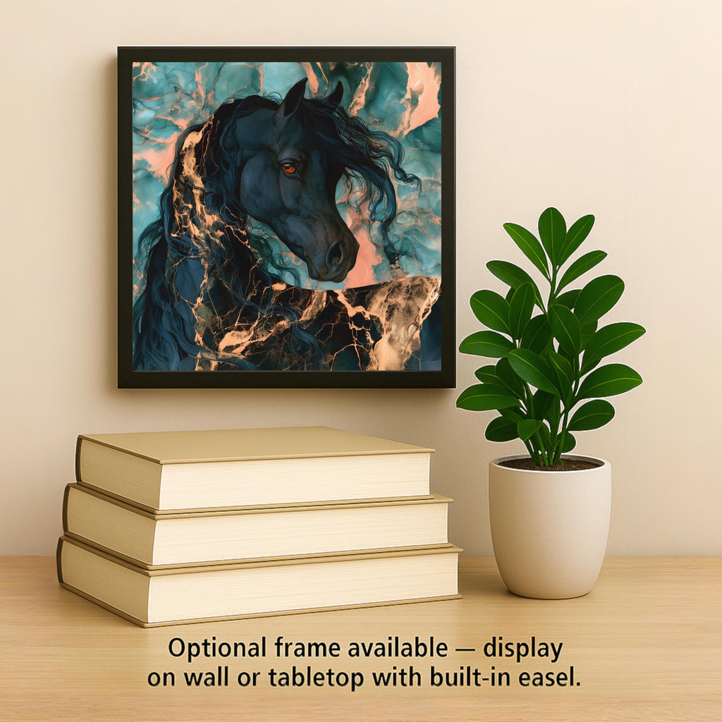 Arabian Horse Ceramic Tile Wall Art Alcohol Ink Style Black Arabian Portrait Gold Mane Teal Decor Elegant Horse Painting