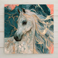 Alcohol ink style ceramic tile portrait of a white Arabian horse with a flowing gold mane, over soft coral and teal inks veined with metallic gold.