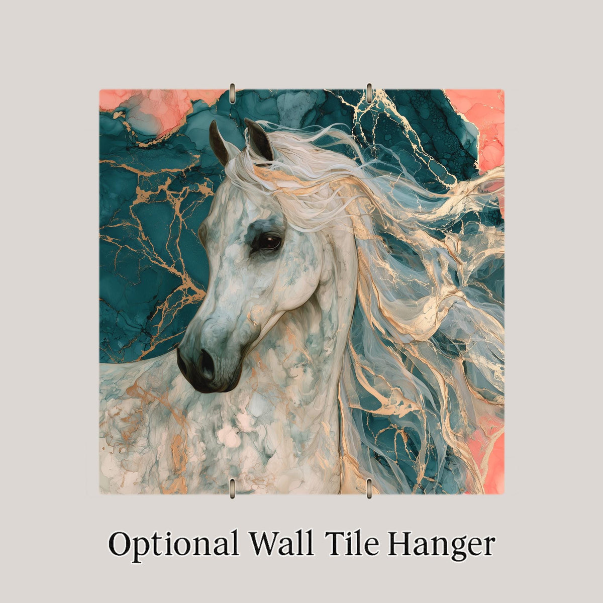 Arabian Horse Ceramic Tile Wall Art Alcohol Ink Style White Arabian Portrait Flowing Gold Mane Teal Coral Horse Painting