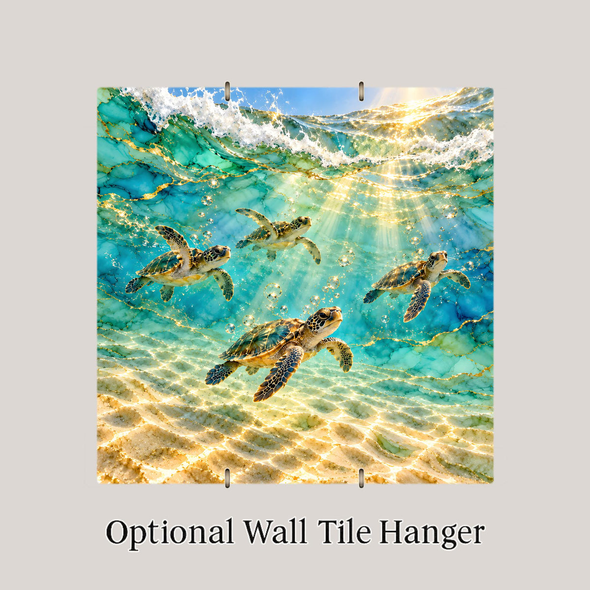 Sea Turtle Hatchlings Ceramic Tile Wall Art Alcohol Ink Style First Swim Turquoise Shallows Colorful Sea Turtle Beach Decor