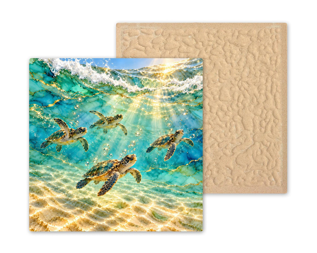 Sea Turtle Hatchlings Ceramic Tile Wall Art Alcohol Ink Style First Swim Turquoise Shallows Colorful Sea Turtle Beach Decor