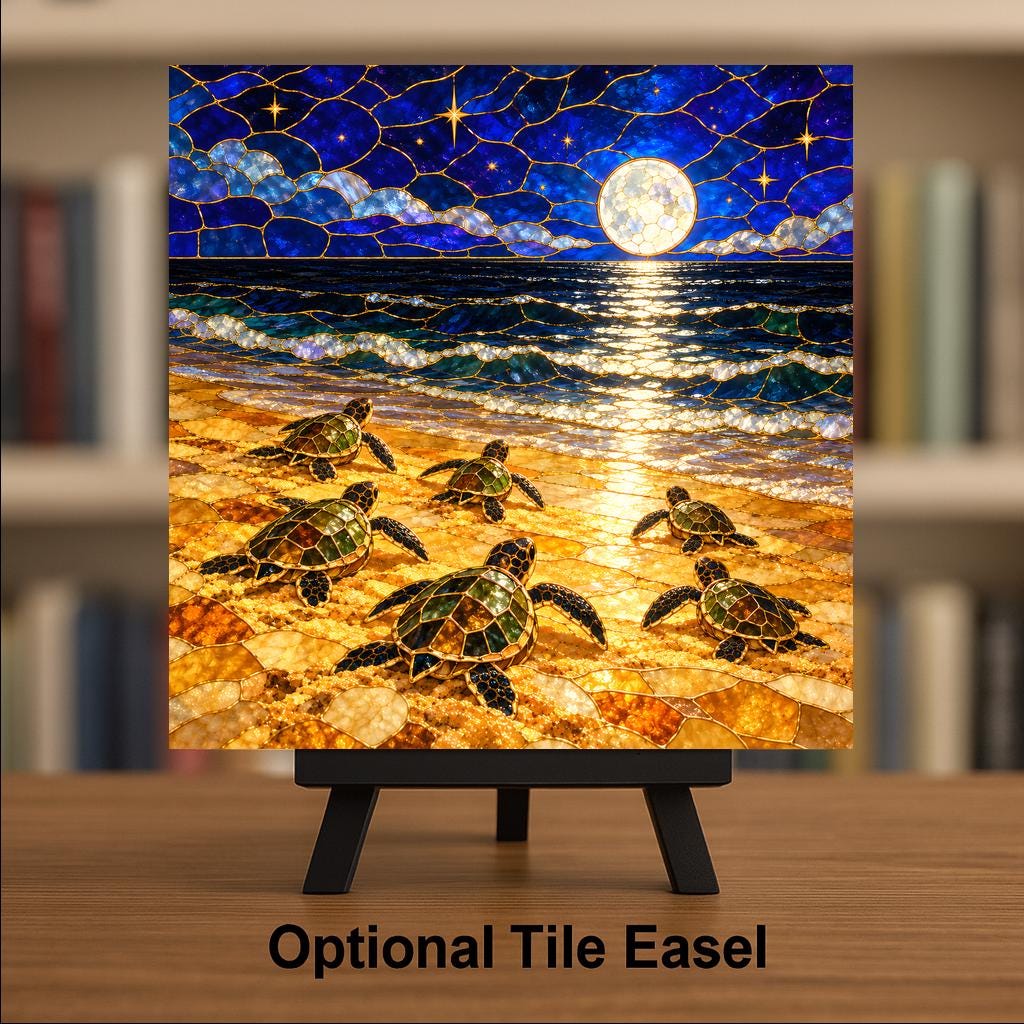 Sea Turtle Hatchlings Ceramic Tile Wall Art Stained Glass Style Moonlit Night Emergence Colorful Sea Turtle Beach House Decor