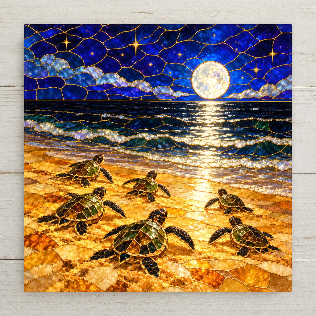 Stained glass style ceramic art tile of sea turtle hatchlings crossing golden sand toward the sea at night under a full moon, cobalt sky with gold stars, a bright moon path on dark water, every panel outlined in gold leading