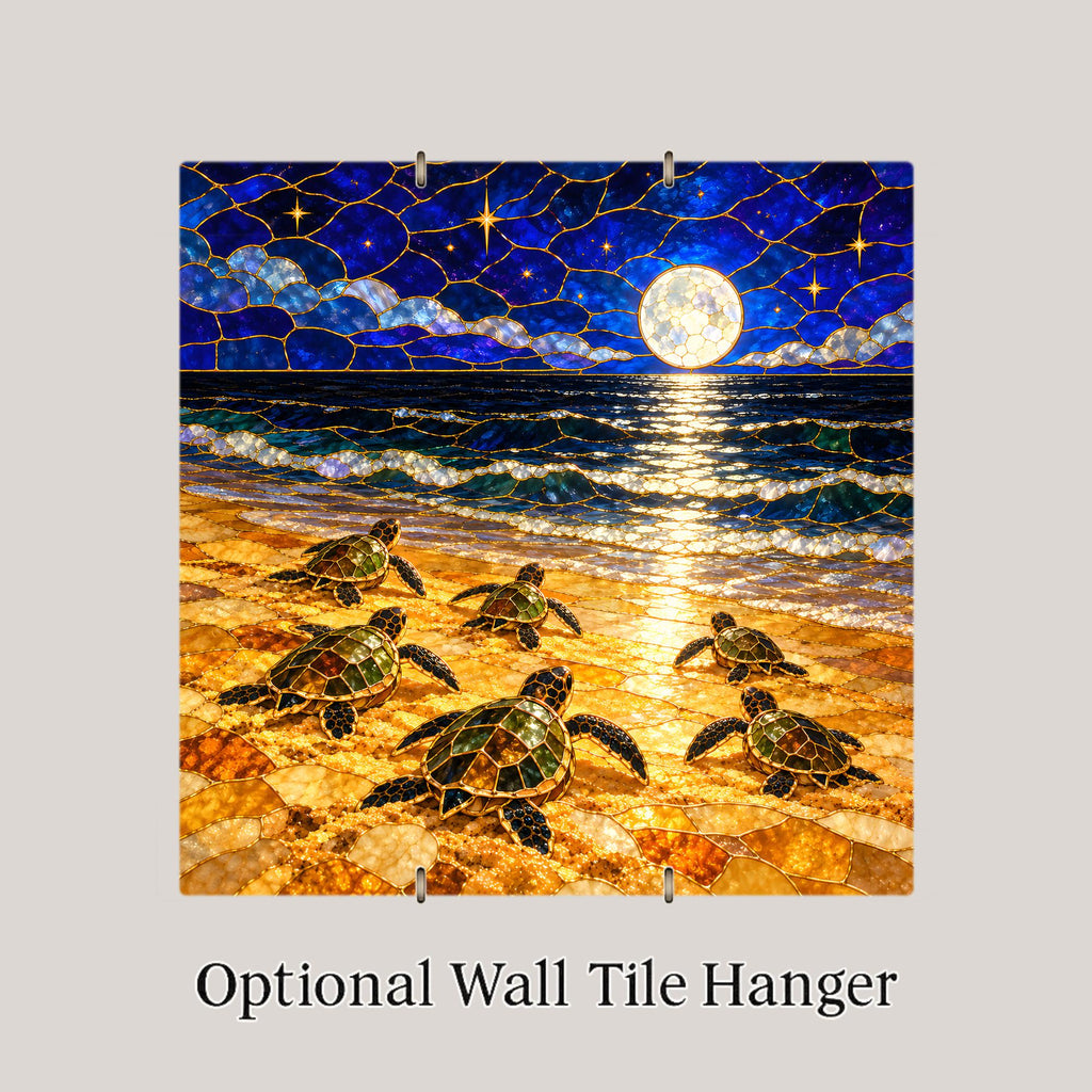 Sea Turtle Hatchlings Ceramic Tile Wall Art Stained Glass Style Moonlit Night Emergence Colorful Sea Turtle Beach House Decor