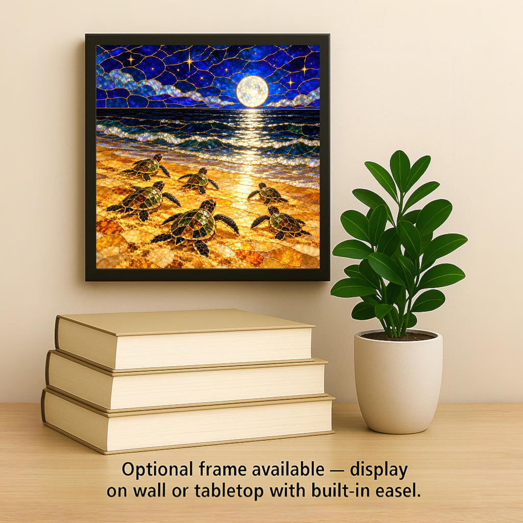 Sea Turtle Hatchlings Ceramic Tile Wall Art Stained Glass Style Moonlit Night Emergence Colorful Sea Turtle Beach House Decor