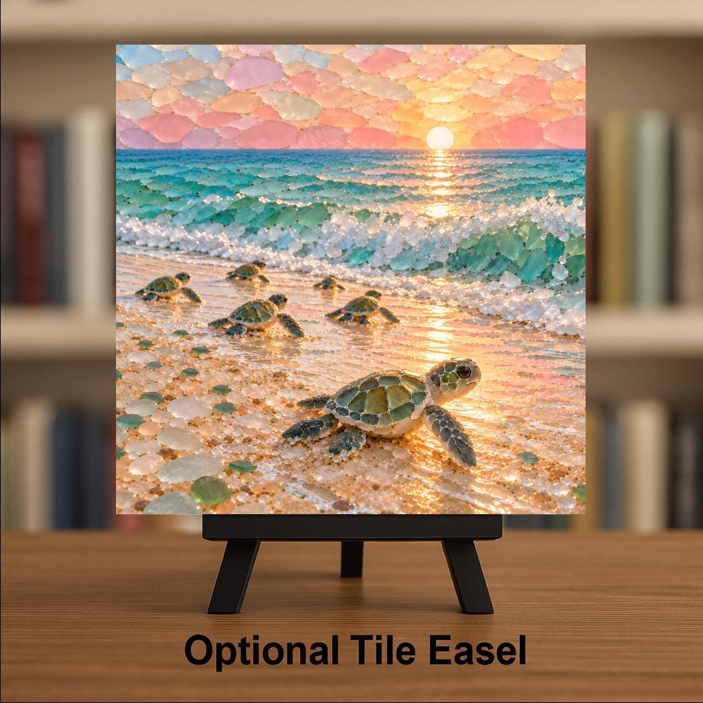 Sea Turtle Hatchlings Ceramic Tile Wall Art Sea Glass Style Dawn Dash to the Surf Colorful Sea Turtle Ocean Nursery Decor
