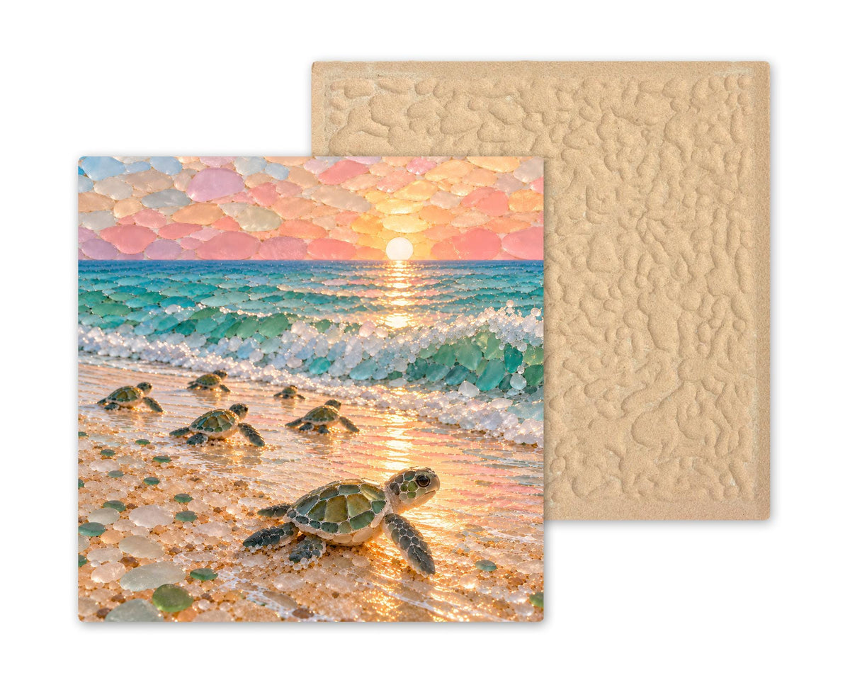 Sea Turtle Hatchlings Ceramic Tile Wall Art Sea Glass Style Dawn Dash to the Surf Colorful Sea Turtle Ocean Nursery Decor