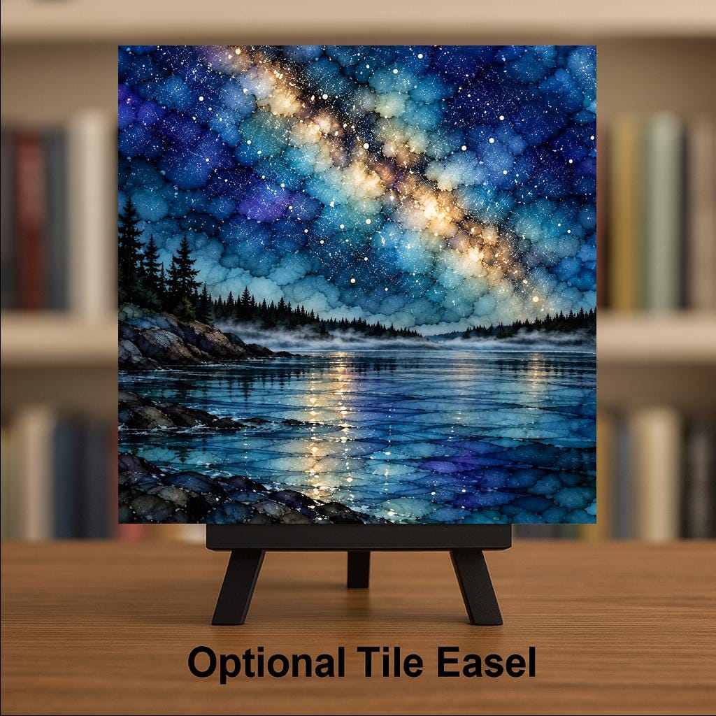 Boundary Waters Ceramic Tile Wall Art Alcohol Ink Style Milky Way Starry Night Over Misty Lake Granite Shore Lake House Decor