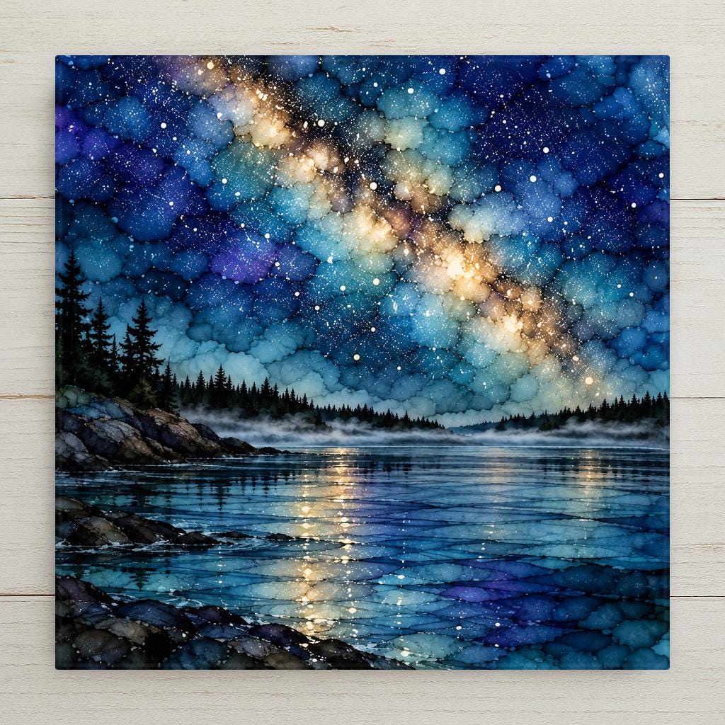 Alcohol ink style ceramic art tile of the Milky Way over a Boundary Waters lake at night, stars reflected on still water, mist along a dark spruce shoreline and granite rocks in the foreground