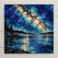 Alcohol ink style ceramic art tile of the Milky Way over a Boundary Waters lake at night, stars reflected on still water, mist along a dark spruce shoreline and granite rocks in the foreground