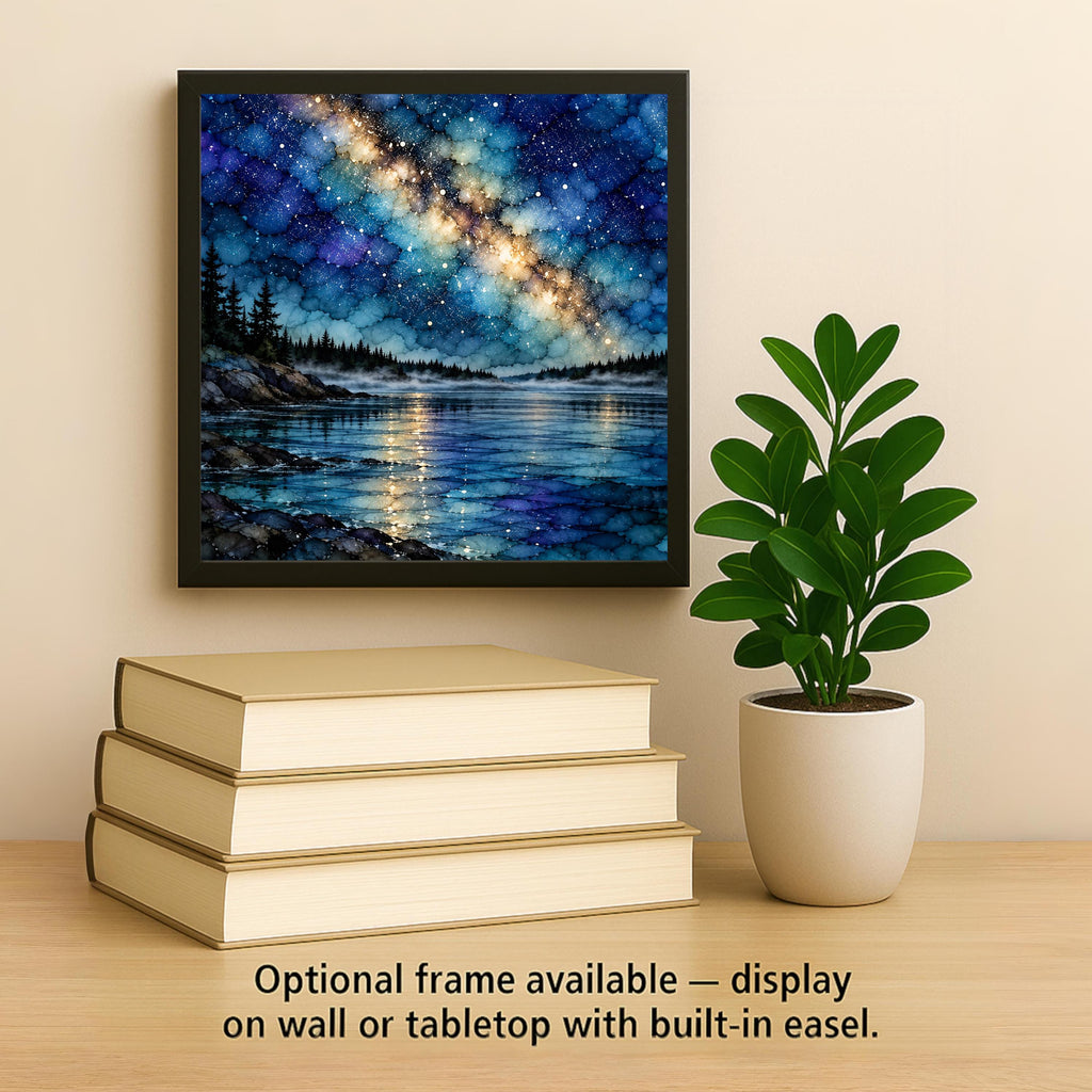 Boundary Waters Ceramic Tile Wall Art Alcohol Ink Style Milky Way Starry Night Over Misty Lake Granite Shore Lake House Decor