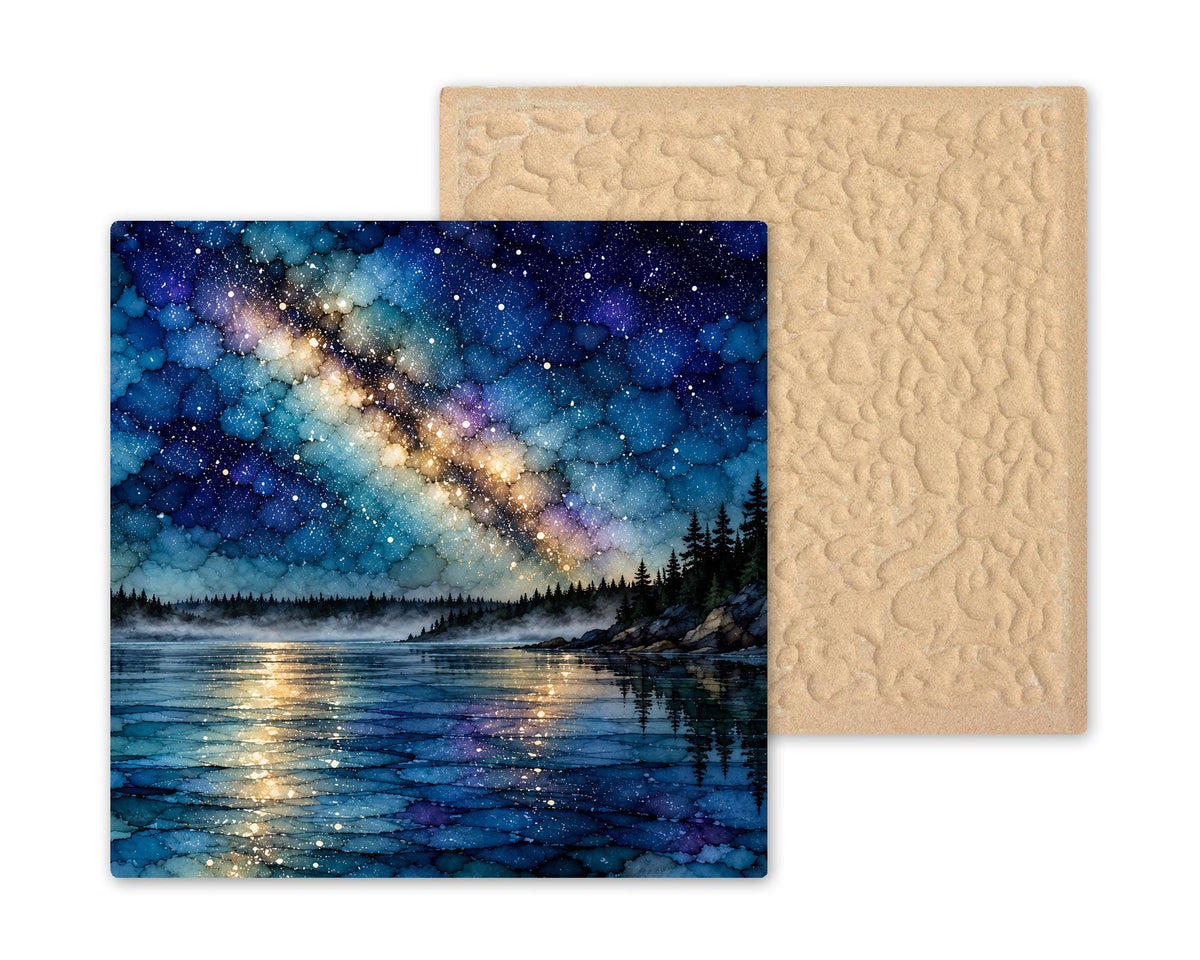 Boundary Waters Milky Way Ceramic Tile Wall Art Alcohol Ink Style Starry Night Reflected on Still Pine Lake Lake House Decor